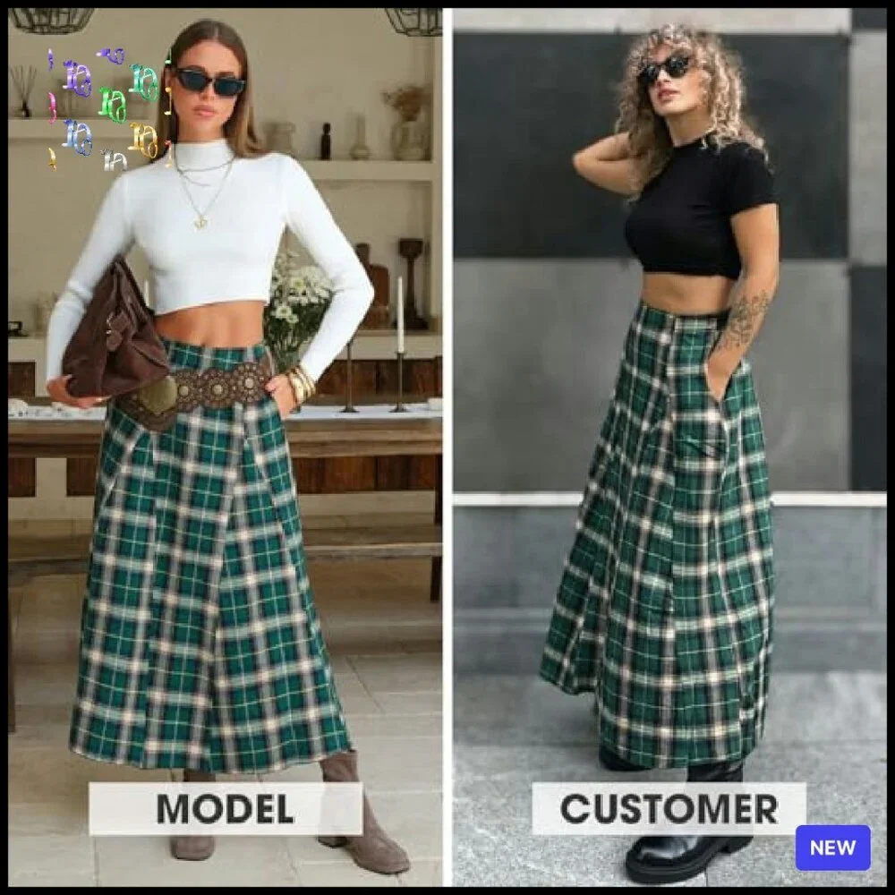 Flannel Plaid Maxi Skirt High Waist A-Line Flared Vintage Style with Pockets
